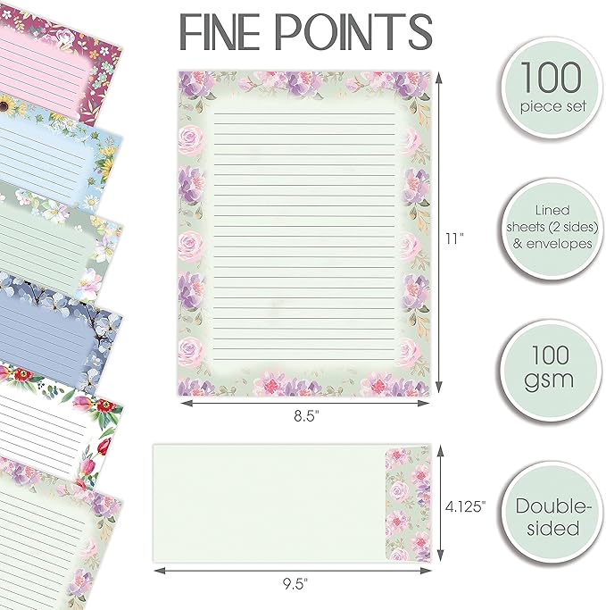 Better Office Products Floral Paper Stationery Set, 100 Piece Set (50 Lined Sheets + 50 Matching Envelopes), Letter Size 8.5 x 11 inch, 6 Designs, Double Sided/Lined Printing Paper,