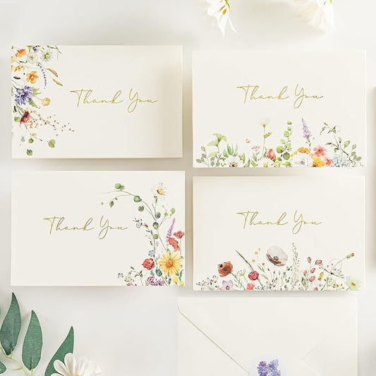 Crisky Floral 4 Assorted Thank You Cards (25 Pack) with Envelopes & Stickers Gold Foil Greeting Cards Bulk, Watercolor Wildflower for Birthday, Baby Shower, Wedding, Graduation