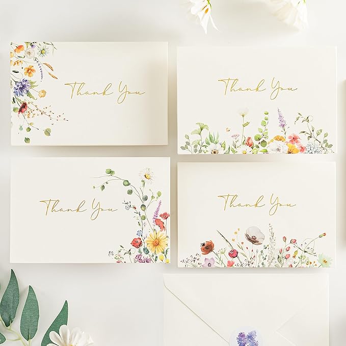 Crisky Thank You Cards 4 Assortment, Gold Foil Watercolor WildFlowers (100 Cards with Envelopes for Birthday, Baby Shower, Bridal Shower, Wedding, All Occasion)