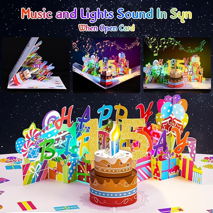 Gumry 15TH Musical Birthday PopUp Card, Blowable Colorful Light Candle 3D Cards with Song, Applause Cheers Sound, Greeting Cards Birthday Gifts Decorations for Girls Boys Turning 15 Years Old