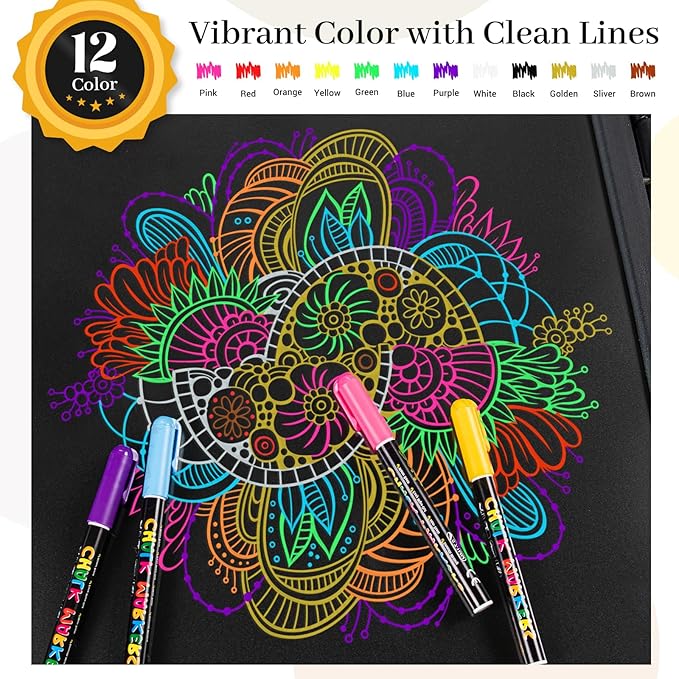 KERIFI Liquid Chalk Markers Fine Tip 1.0 mm, 12 Colors Wet Erase Makers for Chalkboard Calendar, Erasable Chalk Pens for Chalkboard, Blackboard, Bistro, Menu, Glass, Wedding Signs, 45 Labels Included