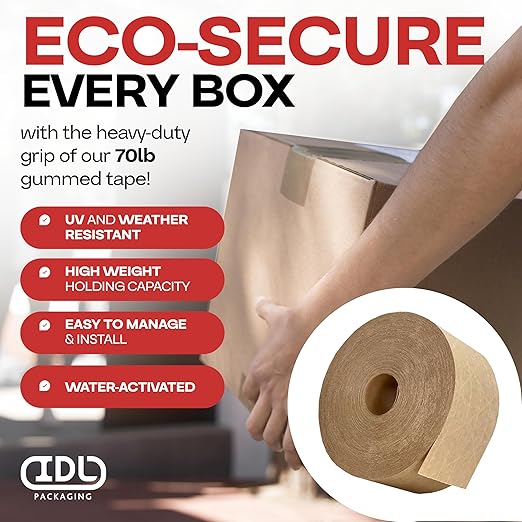 IDL Packaging 3" x 375 feet Reinforced Water-Activated Kraft Gummed Tape 70lb Thickness (Pack of 8) - Secure Paper Packing Tape for Secure Carton Sealing - Heavy-Duty for All Conditions, Brown