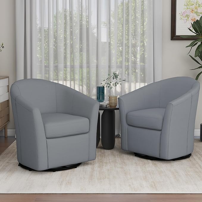 UIXE 360° Swivel Barrel Accent Chairs Set of 2, Modern Round Arm Chair Upholstered Club Armchair, Single Sofa Seating in Fabric for Living Room, Bedroom (Pebble Grey)