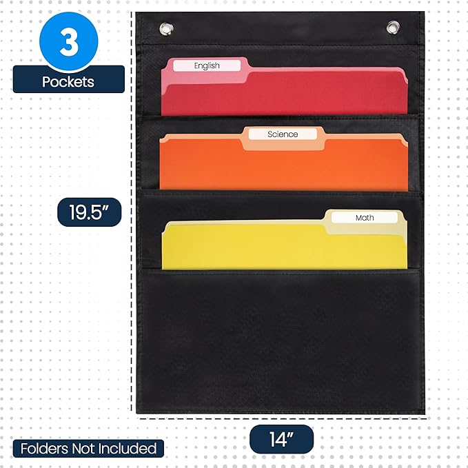 3 Pocket File Pocket Chart, Black, 14" Wide x 19.5" Tall - Versatile Wall Hanging File Folder Organizer for Classroom, Office, Home, and More - Wall Folder Organizer - 3 Pockets