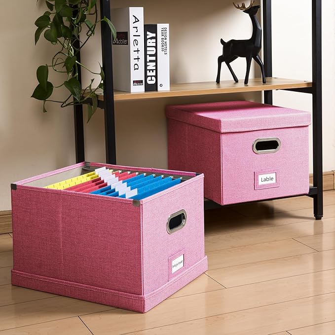 PRANDOM File Organizer Box - Set of 4 Collapsible Decorative Linen Filing Storage Hanging File Folders with Lids Office Cabinet Letter/Legal Size Pink 17.1x14x11.1 inch