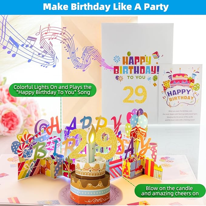 Gumry 29TH Musical Birthday PopUp Card, Blowable Colorful Light Candle 3D Cards with Song, Applause Cheers Sound, Greeting Cards Birthday Gifts Decorations for Women Men Turning 29 Years Old