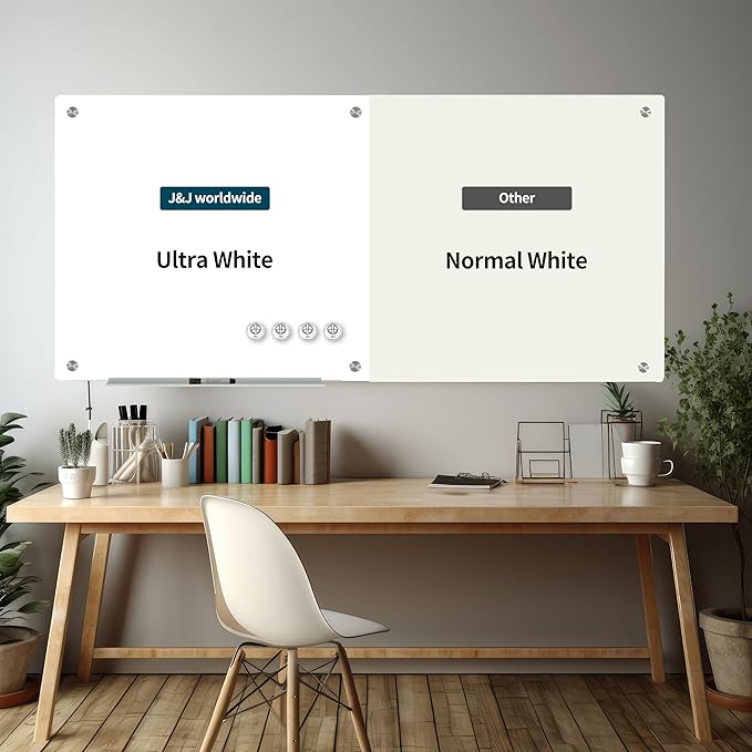 J&J worldwide Glass Whiteboard, Magnetic Brilliance White Glass Dry Erase Board 6' x 4', Includes Markers, Marker Tray, Eraser for Wall, Office, Home, School