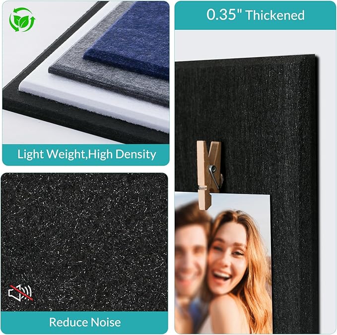 Black Cork Board 48" x 36" - 12 Pack Felt Wall Tiles with Safe Removable Adhesive Tabs - Large Cork Board for Office Classroom Home Walls Decor - Black