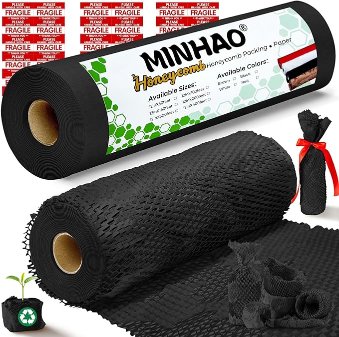Honeycomb Packing Paper, 12"x300' Black | Perforated Honeycomb Packing Paper Recyclable Moving Supplies for Shipping & Moving | Plastic-Free Alternative to Bubble Cushion Wrap with 36 Fragile Stickers