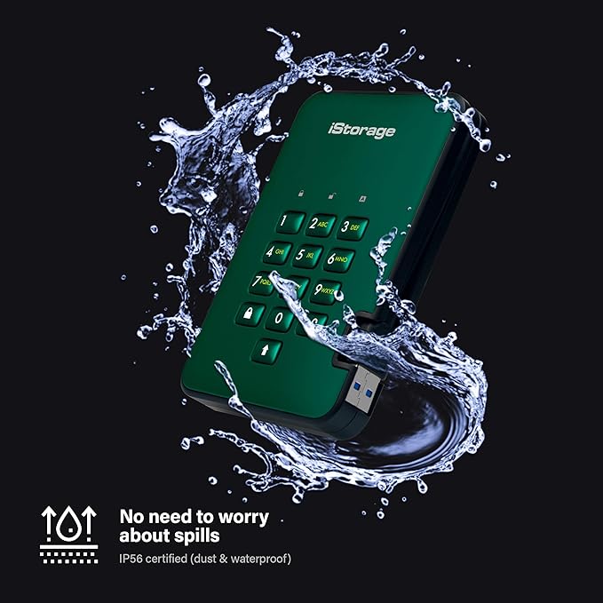 iStorage diskAshur2 HDD 1TB Green | Secure portable hard drive | Password protected | Dust & water resistant | Hardware Encryption