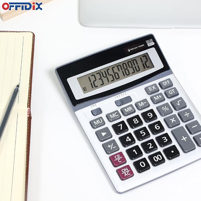 OFFIDIX Large Key Dual Power Electronic Calculator, Portable 12 Digit Large LCD Display Desk Calculator for Daily and Basic Office