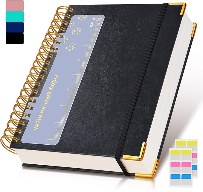 Spiral Notebook Journal 7.6” x 10”, 300 Pages Hardcover Leather Lined Journals for Women Men, B5 Large College Ruled Notebooks with 100 GSM Thick Paper, Spiral Journal for Writing Work School, Black