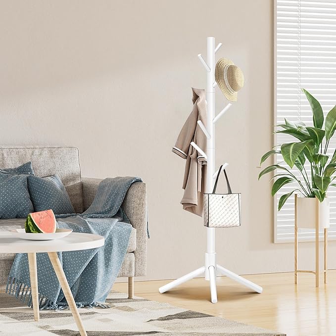 Wooden Coat Rack, Free Standing Coat Rack with 8 Hooks 3 Adjustable Heights for Clothes, Hats, Handbags, Coat Tree Easy Assembly for Entryway, Bedroom, Hallway, Office(2PCS)