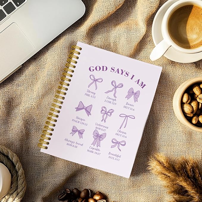 Coquette Purple Bows Bible Notebook,Aesthetic Composition Notebook, God Says I Am Christian Scripture Prayer Journal for Women, Hardcover Spiral Notebooks College Ruled 5.5 x 8.3 （Purple