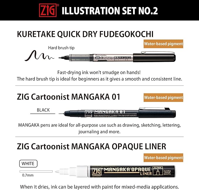 Kuretake Zig Inktober pen set, for Illustration, Manga Drawing, Lettering and Calligraphy, Professional Artist, Made in Japan (Special No.2(5pcs.))