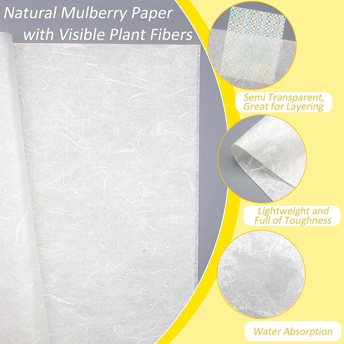Benvo 50 Sheets A4 Natural Mulberry Paper Visible Plant Fibers Rice Paper Printable Decoupage Tissue Paper Sheets for Writing, Painting, Card Making, DIY Crafts(8.3x11.7in, Semi Transparent Off White)