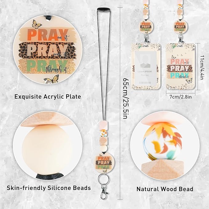 Christian Lanyard with ID Holder, Pray On It Pray Over It Pray Through It Badge Holder with Beaded Adjustable Lanyard, Christian Gifts for Pastors Teachers Students