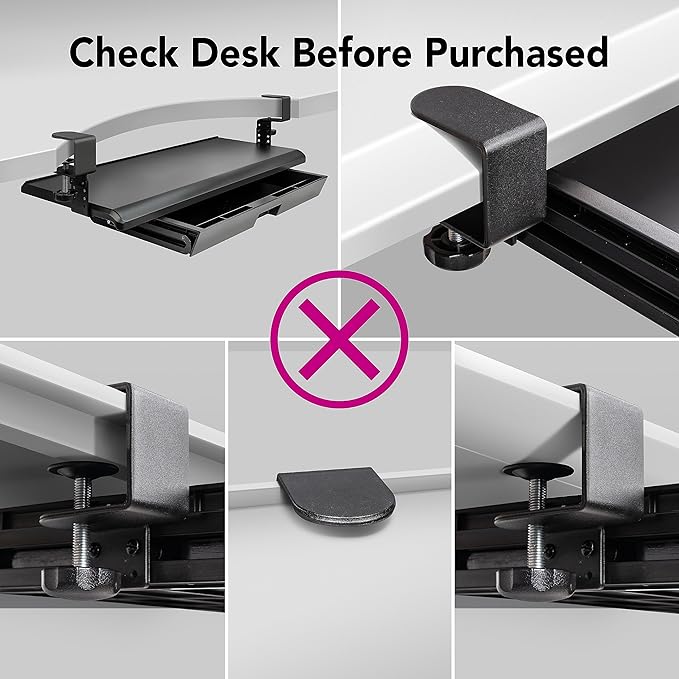 EHO Keyboard Tray with Drawer - Clamp On Under Desk Pull Out Extender Table Attachment Platform with Storage Organizer, Large 27.5" (31.8" Including Clamps) x 12.2", Height Adjustable for Home Office
