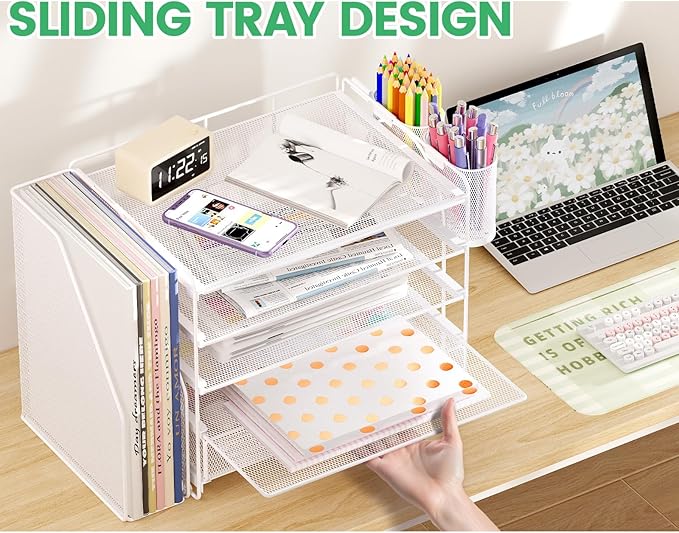 Desk Organizers and Accessories, 5-Tier Paper File Organizer with Drawer & Pen Holder, Office Desk Accessories Workspace Desktop Organizer for Office Supplies (White)