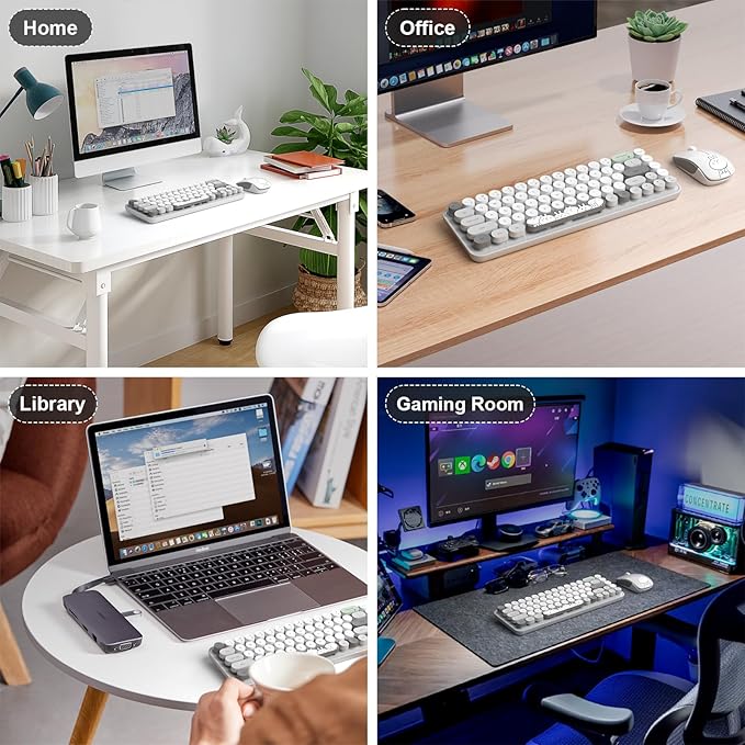 FOPETT Wireless Keyboard and Mouse Cute Mouse and Keyboard 2.4G Wireless Keyboards with Colorful 68 Keys Typewriter Retro Round Keycap for PC, Laptop,Tablet,Computer Windows - Grey Colorful