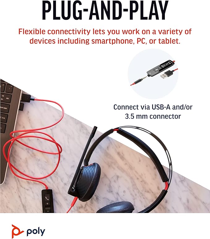 Poly - Blackwire 5220 USB-A Headset (Plantronics) - Wired, Dual Ear (Stereo) Computer Headset with Boom Mic - USB-A, 3.5 mm to connect to your PC, Mac, Tablet and/or Cell Phone