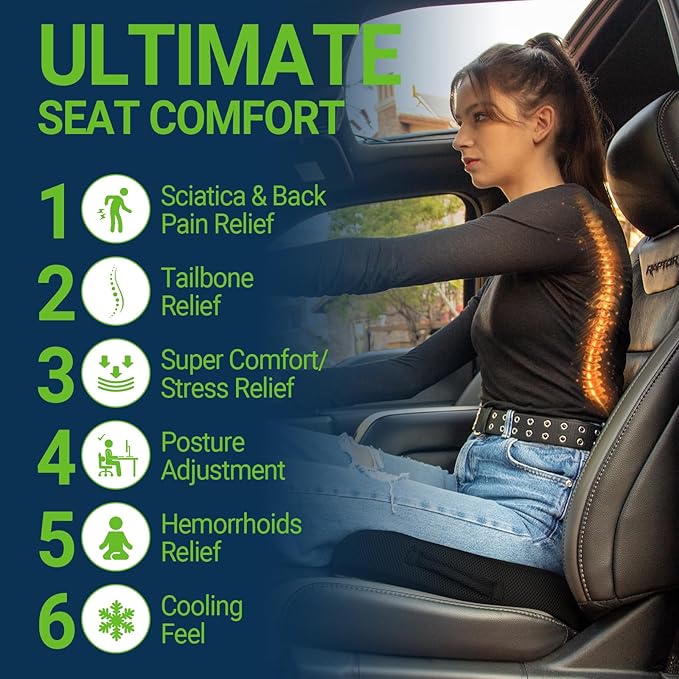 Gel Seat Cushion for Car Office - Memory Foam Pain Relief Chair Pillow Cushions - Tailbone Sciatica Coccyx Butt Lumbar Support Pad for Sitting Driving Traveling, Mesh, Black