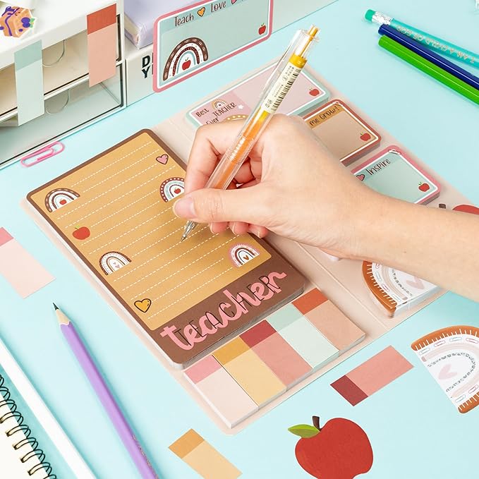 Boho Themed Teacher Sticky Notes Set, 550 Sheets, Thank You for Helping Me Grow Self-Stick Note Pads Teacher Appreciation Gift Writing Memo Pads Page Marker Back to School Supplies (Brown)