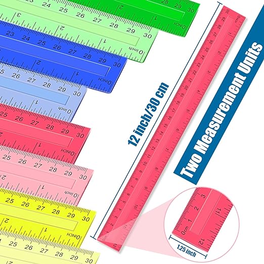 Ruler, 64 Packs 12 Inch Clear Plastic Assorted Color Metric Bulk Rulers with Inches Centimeters Millimeter. Measuring Drawing Tool for Kids, Ideal Back to School Classroom Office Home Supplies
