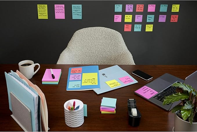 Post-it Super Sticky Notes, 24 Sticky Note Pads, 3 x 3 in., School Supplies, Office Products, Sticky Notes for Vertical Surfaces, Monitors, Walls and Windows, Supernova Neons Collection