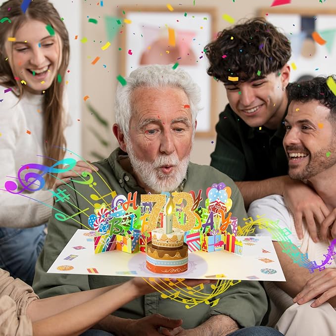 Gumry 73RD Musical Birthday PopUp Card, Blowable Colorful Light Candle 3D Cards with Song, Applause Cheers Sound, Greeting Cards Birthday Gifts Decorations for Women Men Turning 73 Years Old