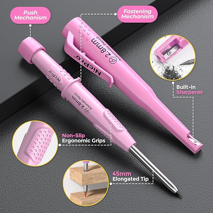 Nicpro CP3000 Carpenter Pencil with Sharpener, Construction Mechanical Pencils with 19 Refills, Heavy Duty Construction Pencil, Pink Woodworking Tools For Women, Great for Marking On Wood, Metal