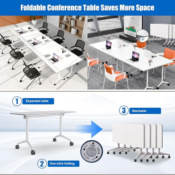 Conference Table, Folding Conference Desk Modern White, Seminar Table with Wheels, 2-10 People for Office, Meeting Break Room(4, 1915, 61IN)