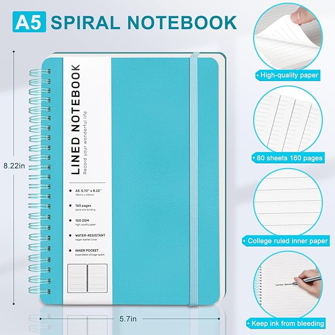 Light Blue Lined Spiral Journal Notebook with 160 Pages, 8×5.7in, A5 Spiral Notebook, Journaling Notebooks for Work, School, Women, Men, College Ruled Spiral Notebook, Hardcover Leather Journals