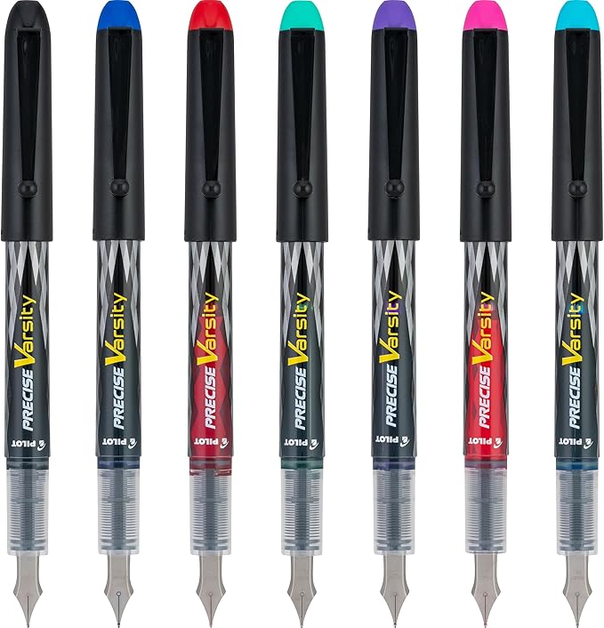 PILOT Pen 90029 Precise Varsity Pre-Filled Fountain Pens, Medium Point Stainless Steel Nib, Black/Blue/Red/Pink/Green/Purple/Turquoise, 7-Pack Pouch