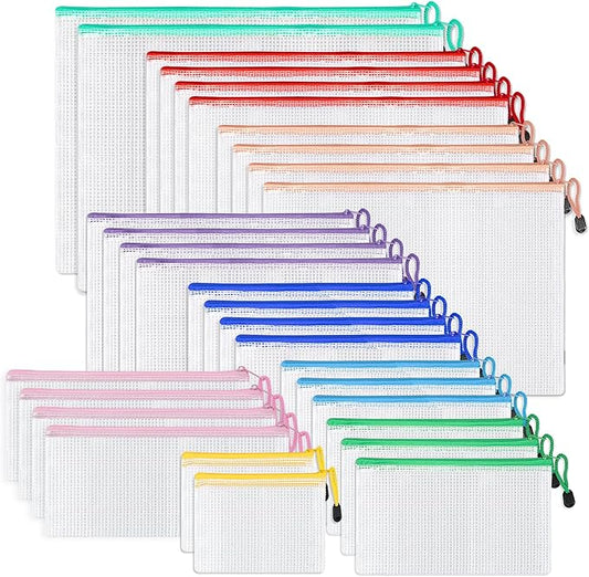 30 Pcs Mesh Zipper Bags, 9 Colors, 9 Sizes Waterproof Plastic Zipper Pouches, Multipurpose for Organizing, Home, School, Office, and Travel Storage
