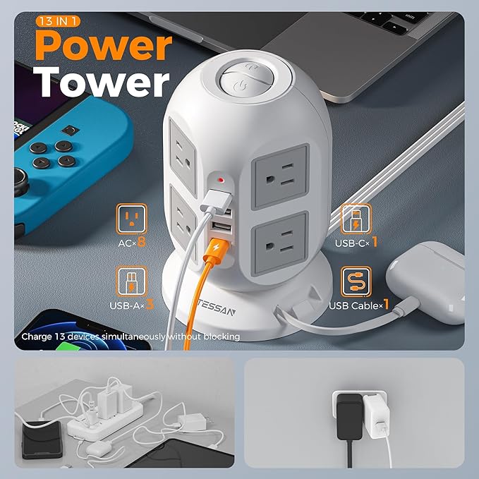 Tower Power Strip Surge Protector 10 Ft, TESSAN Flat Plug Extension Cord with Multiple Outlets, 8 AC Outlets, 4 USB Ports, 1 Built-in USB Cable, Desk Charging Station for Home Dorm Office