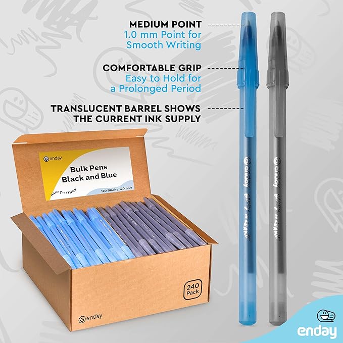 Enday Ballpoint Pens Bulk Blue and Black Pens (240 Pack) 120 Black & 120 Blue - Medium Point (1.0mm) Flexible Round Barrel For Writing Comfort, Pens Bulk for School, Home and Office.