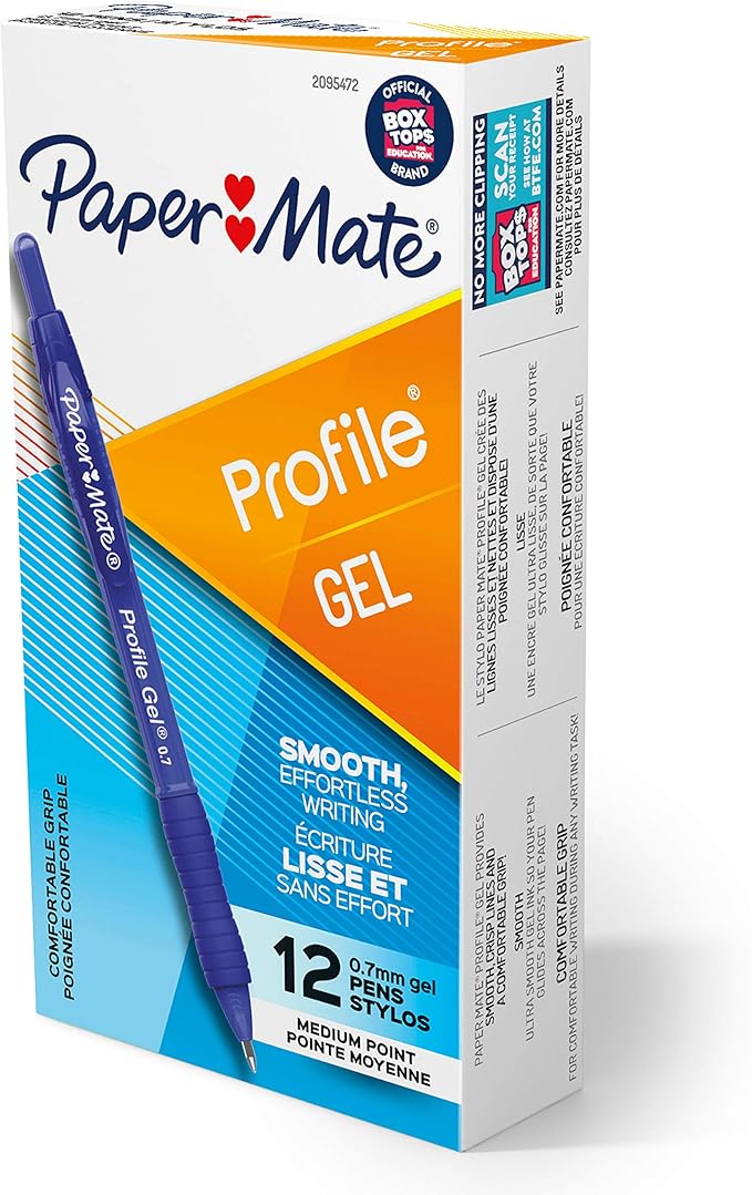 Paper Mate Gel Pen, Profile Retractable Pen, 0.7mm, Blue, 12 Count