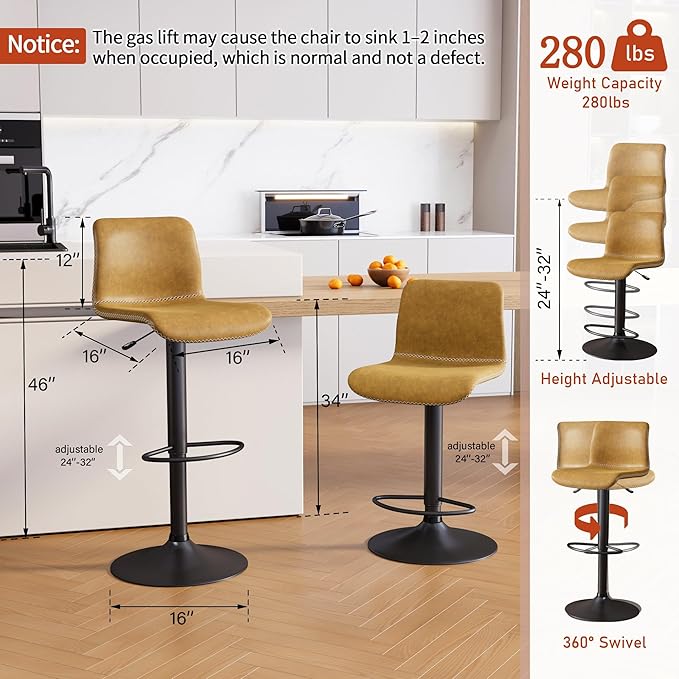 HeuGah Bar Stools Set of 4, Swivel Counter Height Barstools with Back, Adjustable Height 24" to 32", Whiskey Brown Faux Leather Bar Chairs for Kitchen Island (Whiskey Brown, Set of 4 (24'' to 32''))