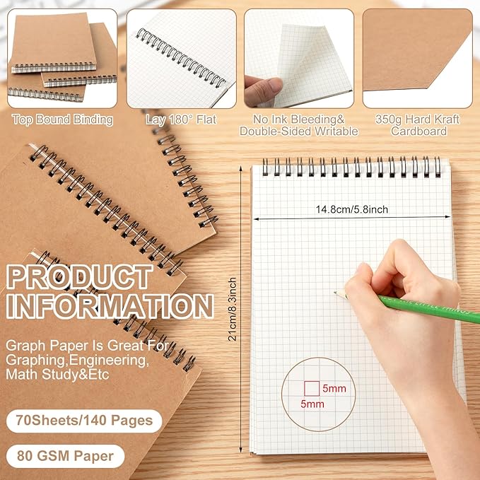 Graph Paper Spiral Notepad A5 Top Wirebound Notepad Grid Notebook Steno Pads Memo Notebook Grid Paper 140 Pages for Writing Sketching Drawing Office Supplies(Kraft,12 Pack)