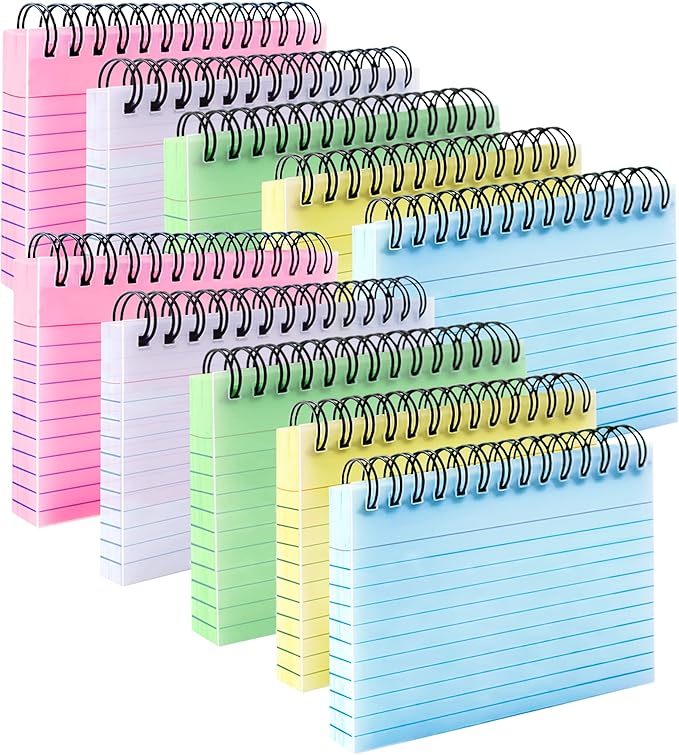 MotBach 500 Sheets Multicolor Index Cards, 10 Pads Spiral Bound Ruled Index Cards with PVC Cover, Learning Card Note Cards for Home School and Office, 3.3 x 5 Inch, 5 Colors