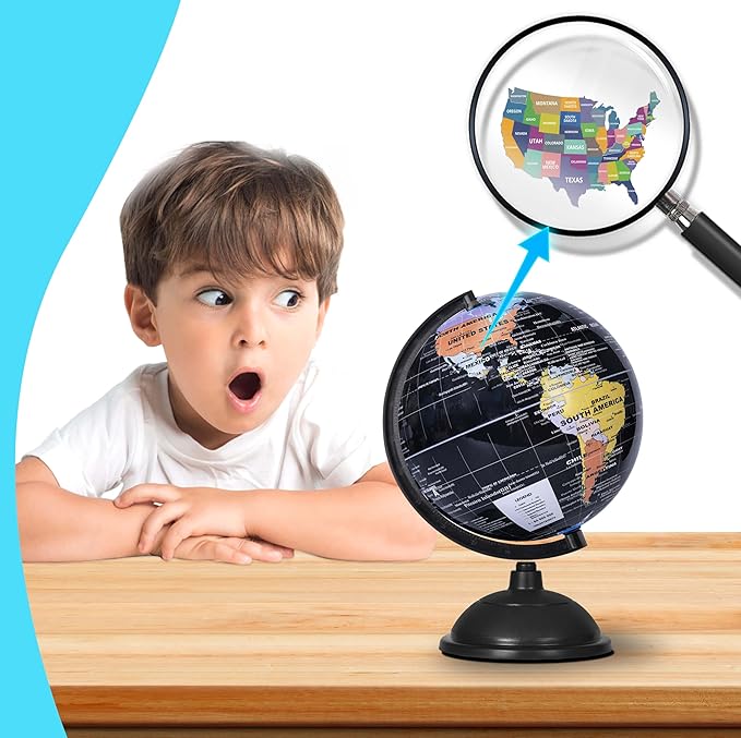 8 Inch World Globe with Stand Rotating Earth Spinning Globe for Kids Geography Classroom Education or Decorations (Black)