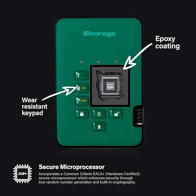 iStorage diskAshur2 HDD 2TB Green | Secure portable hard drive | Password protected | Dust & water resistant | Hardware Encryption