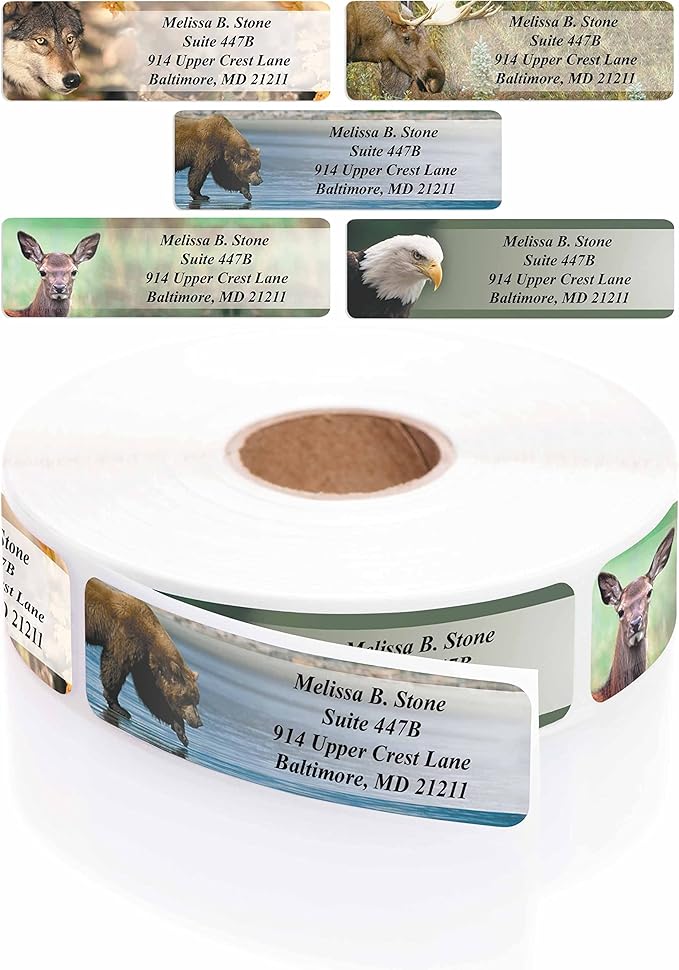 Nature's Wildlife Assorted Designer Rolled Address Labels with Elegant Plastic Dispenser