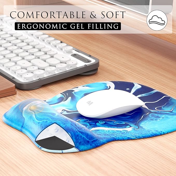 MROCO Ergonomic Mouse Pad with Gel Wrist Rest, Comfortable Mousepad with Smooth Wrist Support Surface and Non-Slip PU Base for Pain Relief, Computer, Laptop, Office & Home, 9.4 x 8.1 in, Blue Waves