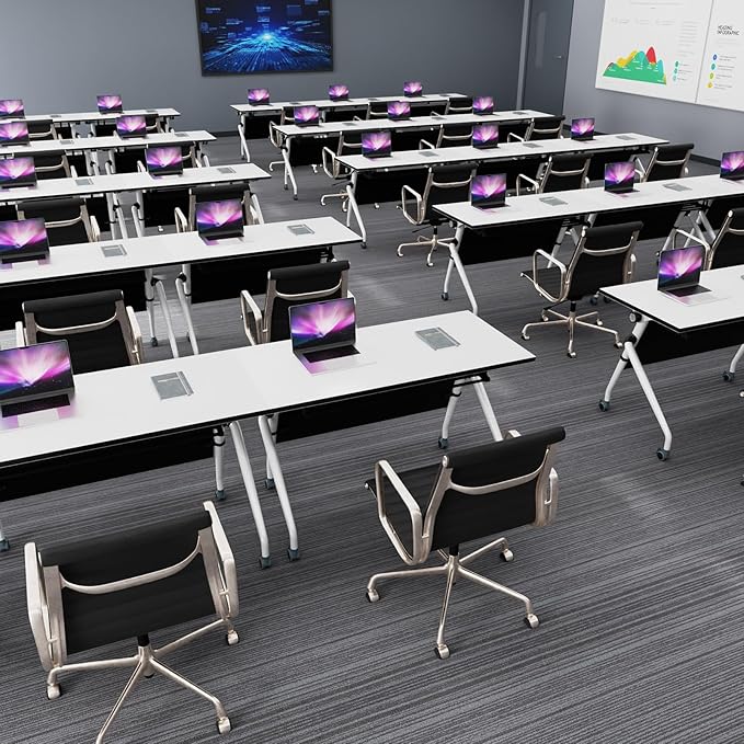 Conference Table, Folding Conference Room Tables, Mobile Training Tables with Silent Wheels, Large Rectangular Modular Seminar Table Office Computer Desks for Classroom White (2Pack L70.9in)
