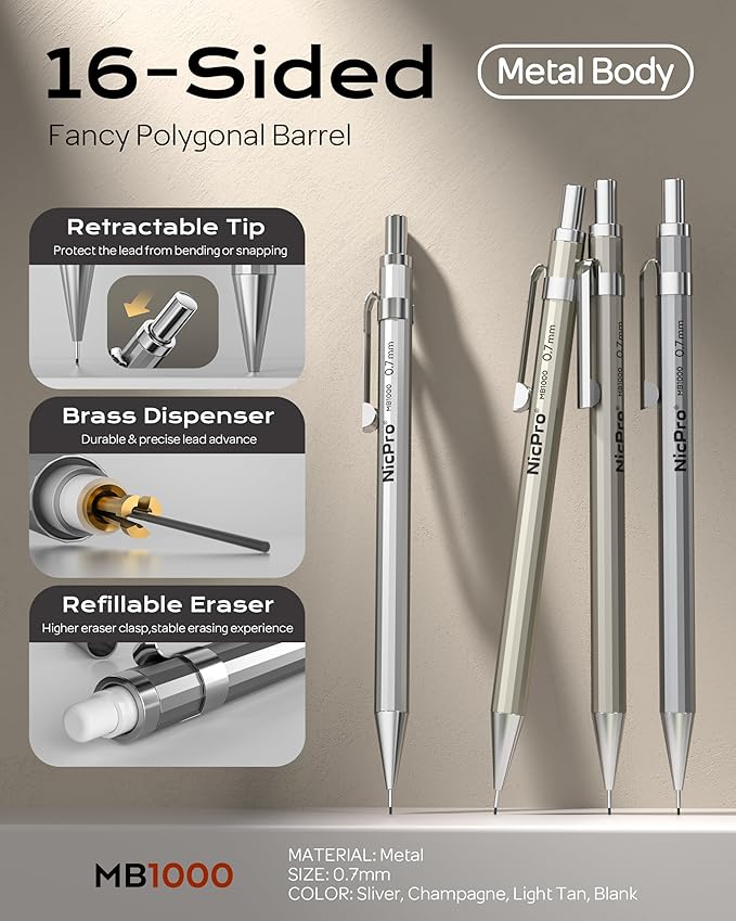 Nicpro 4 Pack Mechanical Pencil 0.7mm with Case, MB1000 Metal Mechanical Pencil Set with 8 Tube HB #2 Lead Refill 0.7 mm, 3PCS 4B Eraser, 9 Cap Eraser for Artist Drafting Writing, Sketching, Drawing