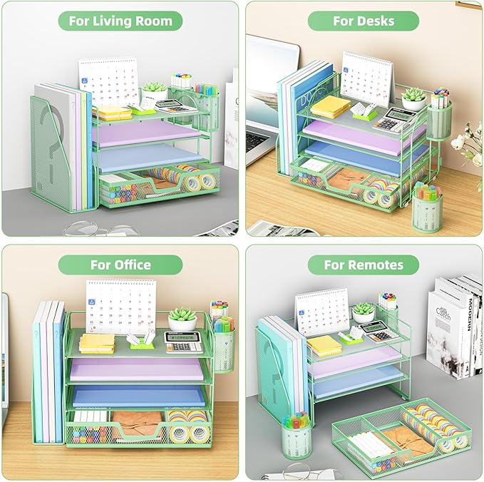 Marbrasse Desk Organizer and Accessories，4-Tier Paper Letter Tray Organizer with File Holder, Desk Accessories & Workspace Organizers with Drawer and 2 Pen Holder (Green, 15.4" x 9.1" x 8.3")