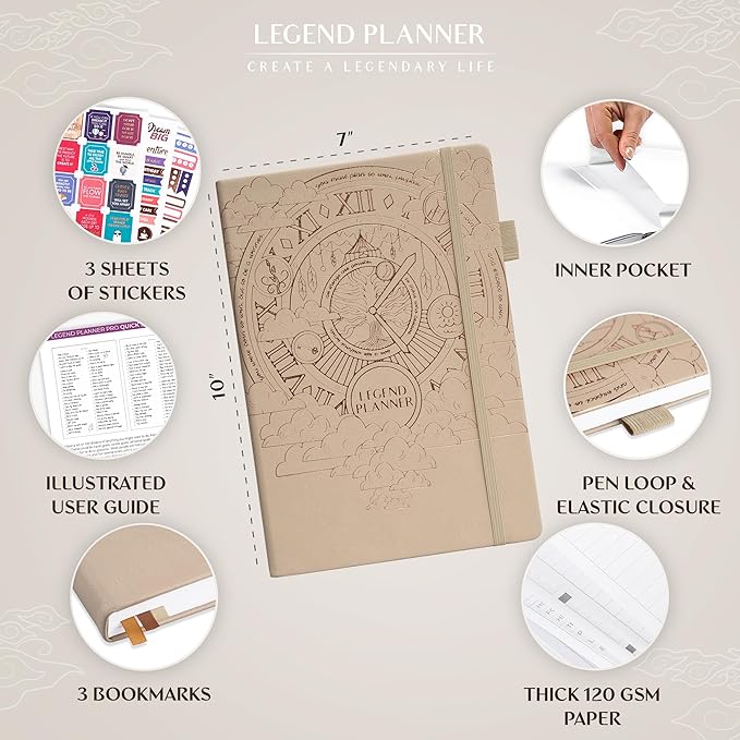Legend Planner PRO – Deluxe Weekly & Monthly Life Planner to Increase Productivity and Hit Your Goals. Time Management Organizer Notebook – Undated – 7 x 10" Hardcover + Stickers – Seashell