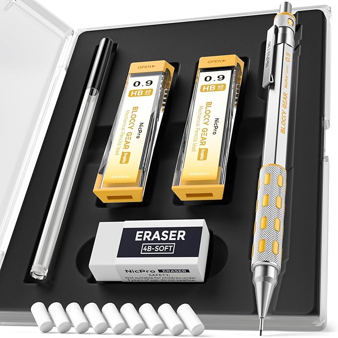 Nicpro Blocky Gear 0.9 mm Mechanical Pencils Set in Case, Metal Pencil with 0.9mm HB Lead Refills, Eraser for Professional & Adult Art Writing Drafting Drawing